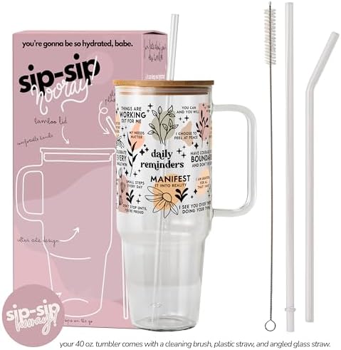 Sip-Sip Hooray! Daily Reminders 40oz Glass Tumbler with Lid and Straw - Image 3