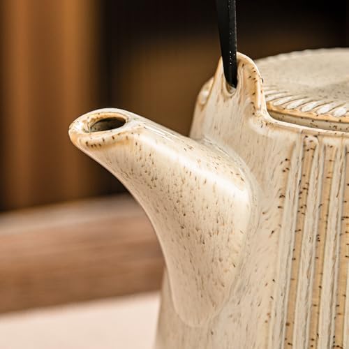 Yundu Ceramic Teapots for Tea, 1000ml/33.8oz Tea Pot with Infusers for Loose Tea, Striped Tea Pot with Removable Tea Infuser - Reactive Cream - Image 4