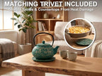 40 Oz Green Maple Leaf Cast Iron Teapot, Enamel Interior, Infuser & Trivet - Image 4