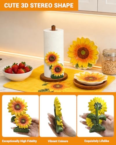 GAJ Sunflower Paper Towel Holder & Mug Tree - Modern Farmhouse Sunflower Decor for Kitchen Coffee Bar - Gifts for Women - 3D Yellow Stuff Decorative Accessories - Image 4