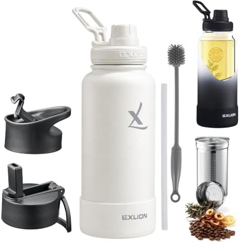 lexlion Tea Infuser Water Bottle 32 Oz – Triple Wall Insulated Stainless Steel, Loose Leaf & Fruit Strainer, 3 Leakproof Lids, BPA-Free Silicone Sleeve, Reusable Thermal Mug by LEXLIONPRODUCTS