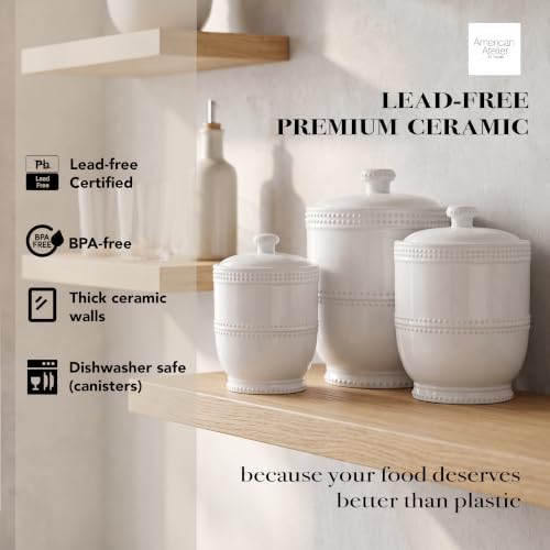 American Atelier Round Ceramic Canister Set Lids Bianca Bead, White 3 PC - Image 4