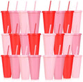 24 Pack Plastic Tumblers with Lids and Straws, Reusable Cups with Lids Plastic Colorful Cups for Parties Birthdays, Iced Coffee Cup Cold Drink Cups Bulk Tumbler (24 oz, Gradient Red and Pink Colors) by LEIFEOSH