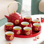 Chinese Traditional Wedding Tea Set, Porcelain Teapot, 8 Cups and Gift Box - Image 4