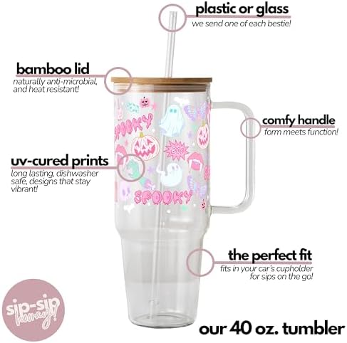 Sip-Sip Hooray! Pastel Pink Halloween 40oz Glass Tumbler with Lid and Straw - Image 3