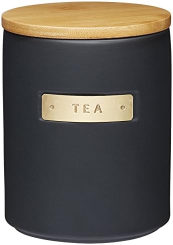 MasterClass Stoneware and Brass-Effect Tea Caddy with Airtight Bamboo Lid, 1 L (1.75 pt) – Black by Master+Class