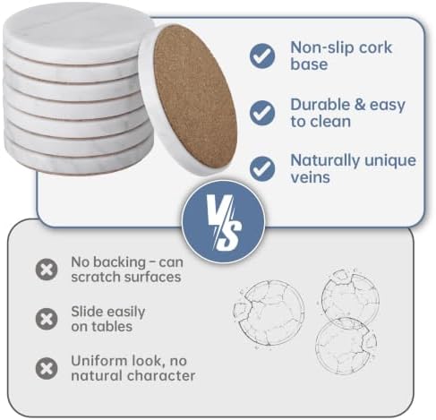 Carrara White Marble Coasters Set of 8, 3.9” Round with Cork Base - Image 4
