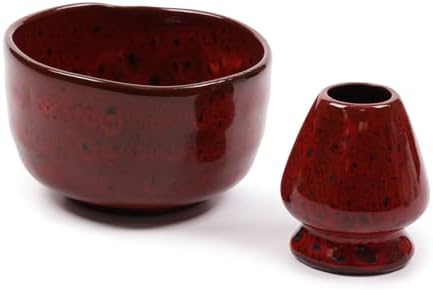 BambooMN Brand - Matcha Ceramic Set - Matcha Bowl and Whisk Holder - 10 Sets Deep Red with Black by BambooMN
