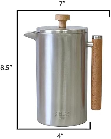 Stellar Living 34 OZ Stainless Steel French Press Coffee Maker with Double Vacuum Insulation, Maximum Flavor Coffee Brewer, Tea and Coffee Press, Camp Coffee Maker - Matte Silver with Wooden Handle - Image 6