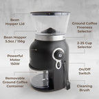 Kaffe Electric Burr Coffee Grinder (5.5oz) - Conical Burr - 25 Adjustable Coarseness Levels - Matte Black - Cleaning Brush Included - Image 3