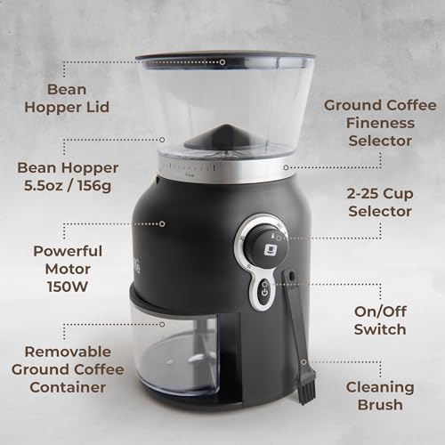Kaffe Electric Burr Coffee Grinder (5.5oz) - Conical Burr - 25 Adjustable Coarseness Levels - Matte Black - Cleaning Brush Included - Image 3