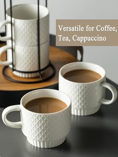 Gomakren Stackable 13oz Coffee Mugs Set of 4 with Stand & Spoons, White - Image 6