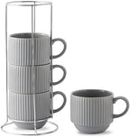 Hasense Coffee Mugs Set, Stacking Tea Cups Set of 4 with Holder - 15 oz Large Ceramic Ribbed Latte Cup Set for Cappuccino, Tea, Hot Cocoa, Drinks - Dishwasher & Microwave Safe, Grey by Hasense