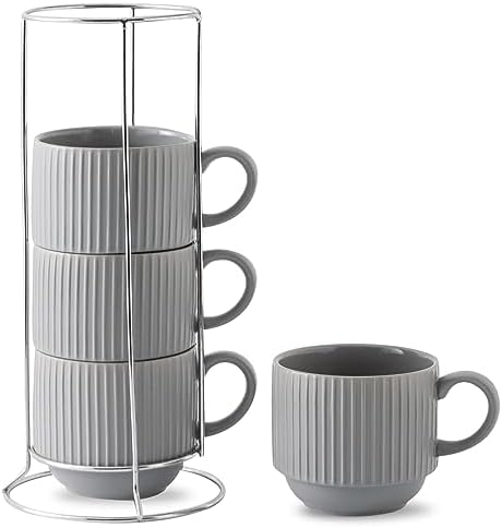 Hasense Coffee Mugs Set, Stacking Tea Cups Set of 4 with Holder - 15 oz Large Ceramic Ribbed Latte Cup Set for Cappuccino, Tea, Hot Cocoa, Drinks - Dishwasher & Microwave Safe, Grey by Hasense