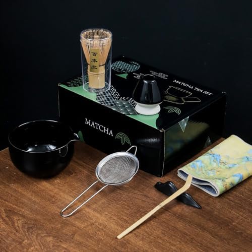 Black Japanese Matcha Tea Set of 7 Ceremony Matcha Kit with Matcha Bowl(Chawan) with Pouring Spout, Matcha Whisk (Chasen), Scoop (Chashaku), Ceramic Whisk Holder, Scoop Stand，Sifter,Tea Napkin by Auerhceram