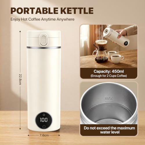 Portable Travel Tea Kettle,6 Preset Temp Plug-in Keep Warm,15 OZ 304 Stainless Steel,Electric Small Hot Water Boiler,Auto Shutoff&Boil Dry Protection,Mini Kettle for Coffee,Tea,Hotel RV Travel,Beige - Image 2