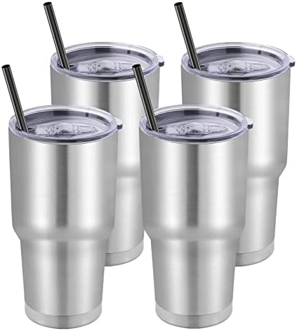 DOMICARE 30 oz Tumbler with Lid and Straw, Stainless Steel Tumblers Bulk, Insulated Vacuum Double Wall Travel Coffee Mug, Durable Powder Coated Tumbler Cups (Stainless Steel, 4) by VisittheDOMICARE