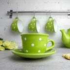 City to Cottage Handmade Lime Green and White Polka Dot Ceramic 8.4oz/250ml | Cappuccino, Coffee, Tea Cup and Saucer, Unique Designer Pottery Gift for Tea Lovers - Image 2