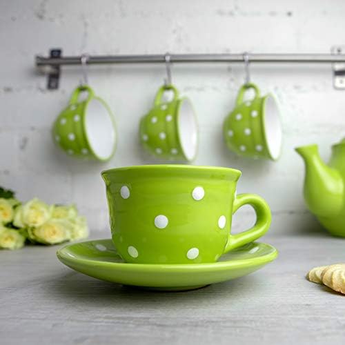 City to Cottage Handmade Lime Green and White Polka Dot Ceramic 8.4oz/250ml | Cappuccino, Coffee, Tea Cup and Saucer, Unique Designer Pottery Gift for Tea Lovers - Image 2