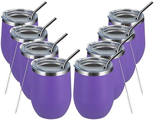 MEWAY 12oz/8 Pack Wine Tumbler Glasses with Lid - Stemless Double Wall Vacuum Stainless Steel Travel Tumbler - Keeping Cold & Hot for Wine,Coffee,Cocktails,Gifts (Purple,Set of 8) by MEWAY