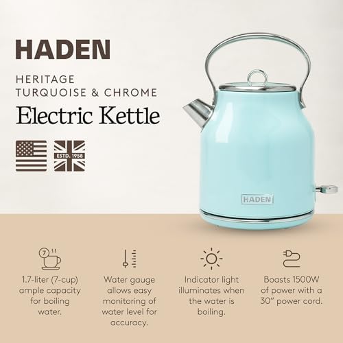 Haden Heritage 1.7 Liter Stainless Steel Retro Electric Tea Kettle with Auto Shutoff and Dry Boil Protection, Light Turquoise - Image 2