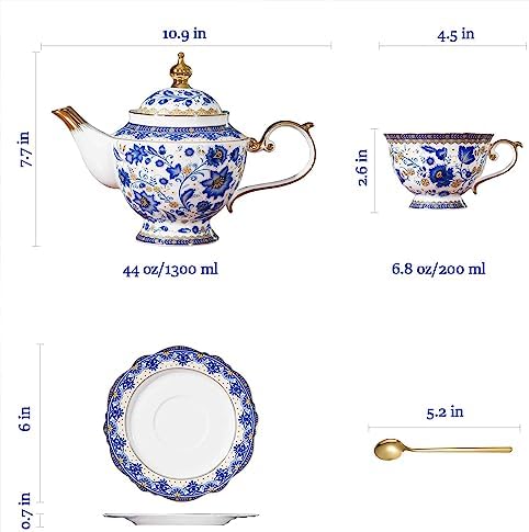 ACMLIFE Tea Sets for Adults, Tea Sets for 4 - Tea Pot Sets Blue, Porcelain Tea Sets for Women with 24K Gold, Fine Bone China, Vintage British Sets for Luxury Gift, Mother's Day(Blue and White) - Image 6