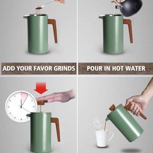 1l French Press Coffee Maker 34oz Coffee Press With Wood Handle Double Wall Insulation 3 Stainless Steel Filter Screen Brewed Coffee Pot For Coffe And Tea - Image 5