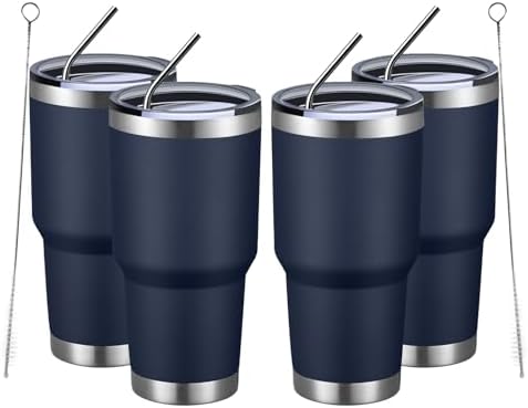 MEWAY 30oz Insulated Tumbler With Lids and Straws,Stainless Steel Double Vacuum Coffee Tumbler Cup, Brush, Durable Powder Coated Coffee Cup for Cold & Hot Drinks, Office, Travel(Navy,4 PACK) by MEWAY