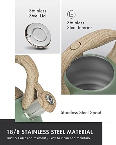 Poliviar Tea Kettle, 2.7 Quart Seaweed Green Finish with Wood Pattern Handle Loud Whistle Food Grade Stainless Steel Teapot, Anti-Hot Handle and Anti-Rust, Suitable for All Heat Sources (JX2020-SB30) - Image 4