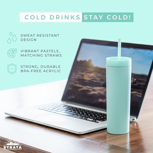 STRATA CUPS Multicolor Skinny Tumblers with Lids and Straws (12 pack) - 16oz Double Wall Acrylic Tumbler, Tall Matte Skinny Tumblers, Bulk with Free Straw Cleaner, Reusable Cups - Image 2
