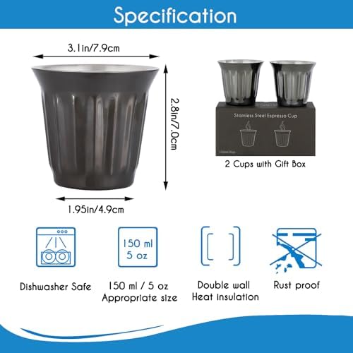Easyworkz Stainless Steel Espresso Cup 2pcs Set Double Wall Insulated Metal Demitasse Cups 5 oz, Bundled with Double-Wall Espresso Cups 5 oz Set of 2, Vertical Stripe Design, Gunmetal - Image 6