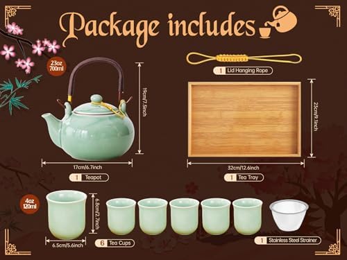 Japanese Tea Set for Adults, Japanese Gongfu Tea Set with 1 Teapot (23.5oz/700ml), 6 Tea Cups(4oz/120ml), Tea Tray & Stainless Infuser, Japanese Teapot Set Tea Gift Set (Kiln Mint Green) - Image 6