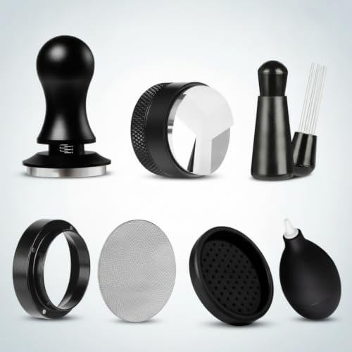Yajuyi 7 Pieces Coffee Machine Tamper Espresso Tamper Distributor Leveler Mesh Screen Air Blower Small Brush Stainless Steel, Round Head Scale Powder Tamper 7-Piece Set, 53mm - Image 2