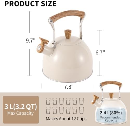 Tea Kettle for Stove Top, 3.2 Quart / 3 Liter Whistling Tea Kettle, Stainless Steel Tea Pot with Wood Pattern Folding Handle, Beige - Image 7
