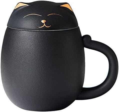 HEER Black Cat Ceramic Tea Mug 13.5oz with Infuser and Lid, Black by HEER