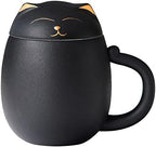 HEER Black Cat Ceramic Tea Mug 13.5oz with Infuser and Lid, Black by HEER