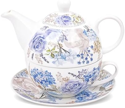 fanquare Blue and Purple Roses and Hydrangeas Porcelain Tea for One Set by fanquare
