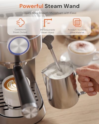 Kismile Compact 20 Bar Espresso Machine with Milk Frother, Single & Double Shot, 1350W Fast Thermoblock Heating System, Semi-Automatic for Home Baristas, Latte & Cappuccino, Premium Stainless Steel - Image 4
