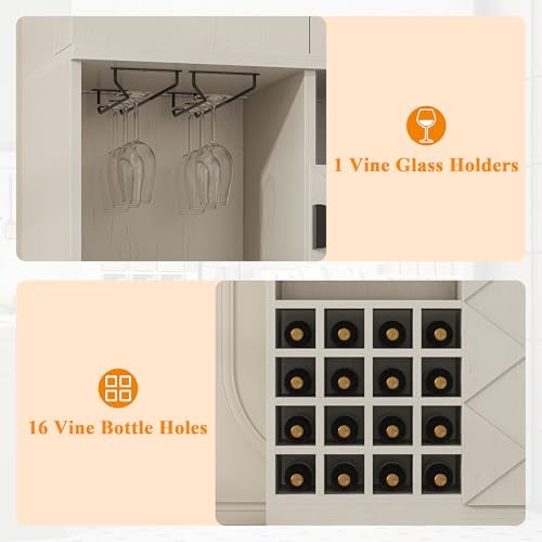 kepptory 72" Tall Wine Bar Cabinet with LED Light, Farmhouse Kitchen Pantry Storage Cabinet with 16 Wine Racks & Glass Holders, Liquor Cabinet for Dining Room Living Room, White - Image 5