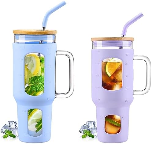 WINSA 46 oz Glass Tumbler with Lid and Straw & 40 oz Glass Tumbler with Lid and Straw Bundle by WINSA