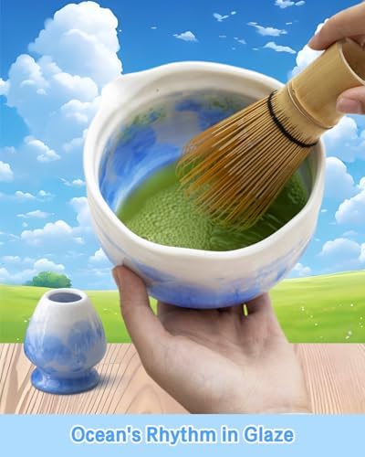 Natural Crystal Flower Matcha Set - 4 Pcs Food Grade Matcha Kit with Spouted Bowl, Matcha Whisk, Scoop and Chasen Holder - Matcha Tea Ceremony Gift for Matcha Lovers (Mist Azure) - Image 4