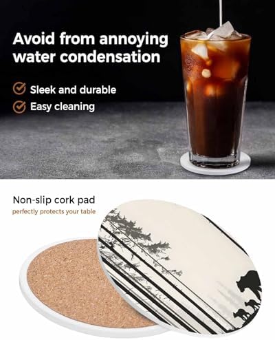 Coasters for Drinks Set of 8 Abstract Forest Walking Bear Silhouette Natural Scenery Ceramic Cup Mat, Absorbent Ceramic Stone Coasters with Cork Base for Coffee Cups Wooden Table Home Decor 4 Inch - Image 7