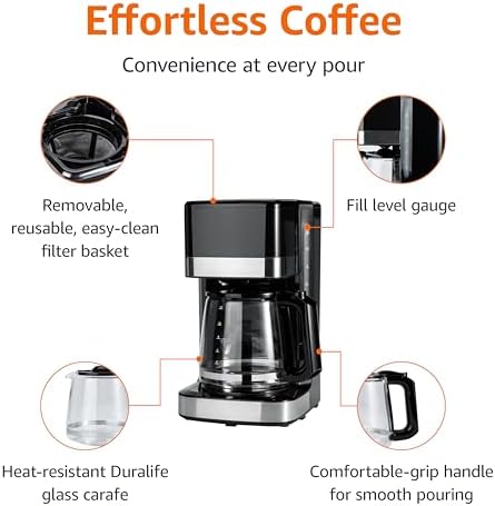 Amazon Basics 12 Cup Drip Coffee Maker with Glass Carafe (1.9 Qt), Auto Shut-off, Auto Pause, Removable Filter Basket, Black & Silver - Image 2