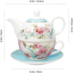 fanquare Pink Floral Teapot, Tea Cup and Saucer Set with Gold Trim, Porcelain Tea for One Tea Set for Gift, Blue - Image 7