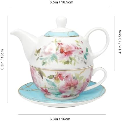 fanquare Pink Floral Teapot, Tea Cup and Saucer Set with Gold Trim, Porcelain Tea for One Tea Set for Gift, Blue - Image 7