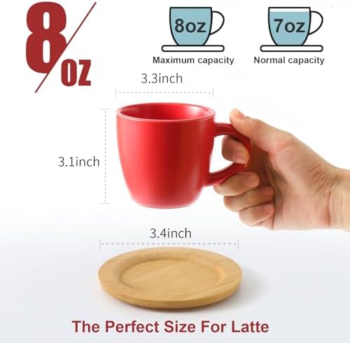 HASENSE Cappuccino Cups with Bamboo Saucers Set of 6, 8 OZ Ceramic Espresso Cups with Handle for Double Shot, Latte, Mocha, Stackable Coffee Cups for Cafes, Home and Office, Red - Image 3