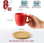 HASENSE Cappuccino Cups with Bamboo Saucers Set of 6, 8 OZ Ceramic Espresso Cups with Handle for Double Shot, Latte, Mocha, Stackable Coffee Cups for Cafes, Home and Office, Red - Image 3