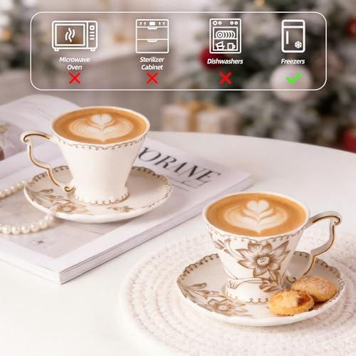 Tea Cups and Saucers Set of 2, 6.4oz Stackable Porcelain Coffee Cup, YFH17 - Image 6