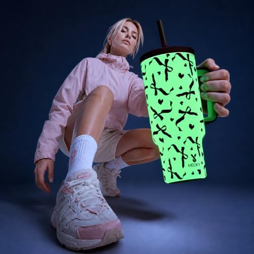 Meoky Glow in the Dark Tumbler: 40 oz Tumbler with Handle and Straw- Stainless Steel Insulated Tumbler for Car Cup Holders - Travelers Commuters Workers (1 Pack, Pink Bow) - Image 2