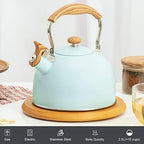 Whistling Stainless Steel Diamond Pattern Tea Kettle with Wood Grain Anti Heat Handle, Stainless Steel Cover Wood Grain Nylon Cover Top Tea Pot (Green) - Image 2